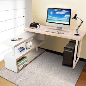 Rotary Corner Desk with Bookshelf – Brown & White