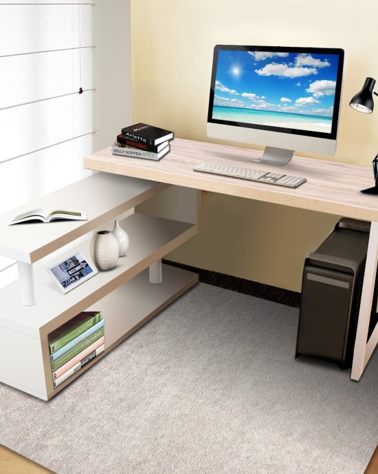 Rotary Corner Desk with Bookshelf – Brown & White