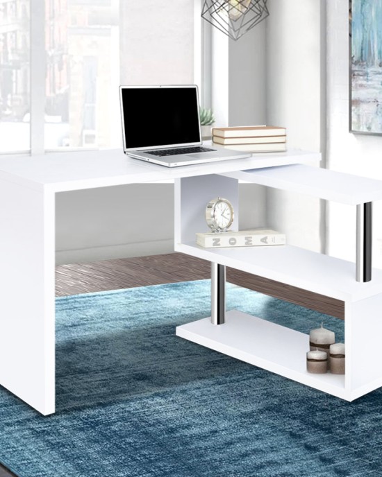 Rotary Corner Desk with Bookshelf – White