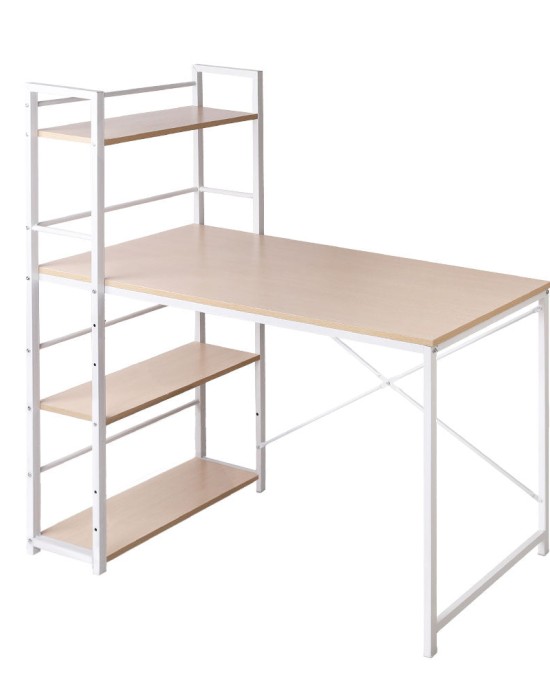 Metal Desk with Shelves – White with Oak Top