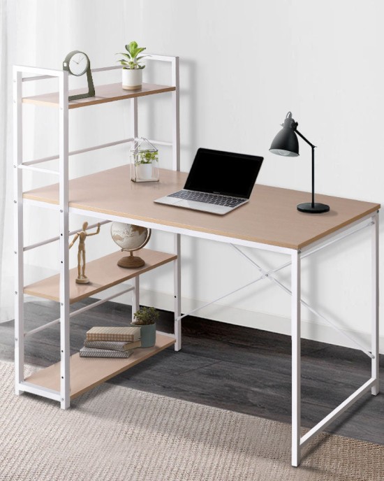 Metal Desk with Shelves – White with Oak Top