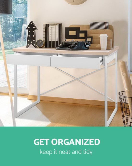 Metal Desk with Drawer – White with Wooden Top