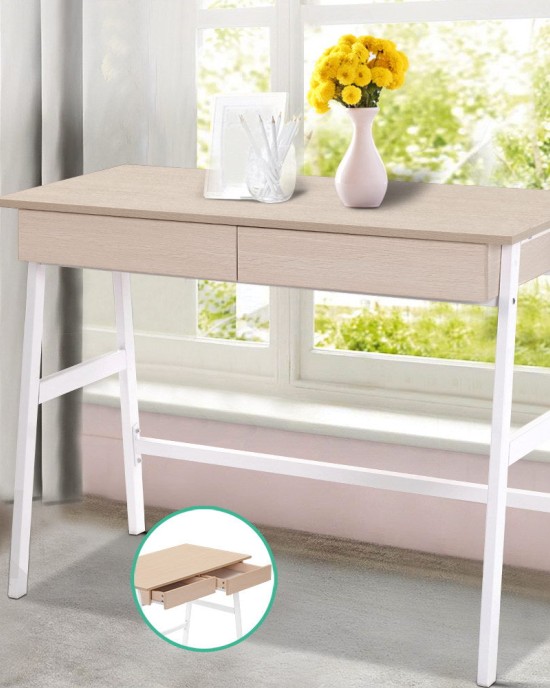 Metal Desk with Drawer – White with Oak Top