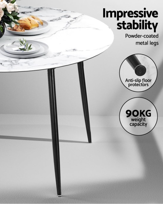 Mefunb Dining Table Round Wooden Table With Marble Effect Metal Legs 110CM White