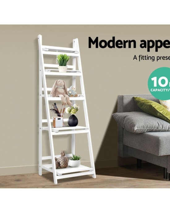 Display Shelf 5 Tier Wooden Ladder Stand Storage Book Shelves Rack White